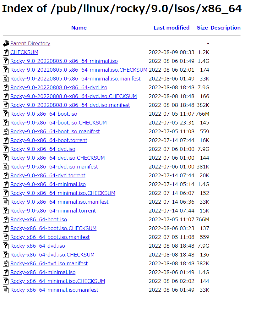 「Rocky-9.0-20220805.0-x86_64-minimal.iso」のダウンロード